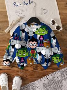 Teen Titans Go X SHEIN Áo nỉ dài tay cổ tròn họa tiết hoạt hình cho bé trai - trắng - Xem 1