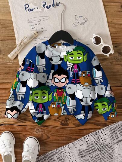 Teen Titans Go X SHEIN 小男孩卡通人物图案圆领长袖运动衫