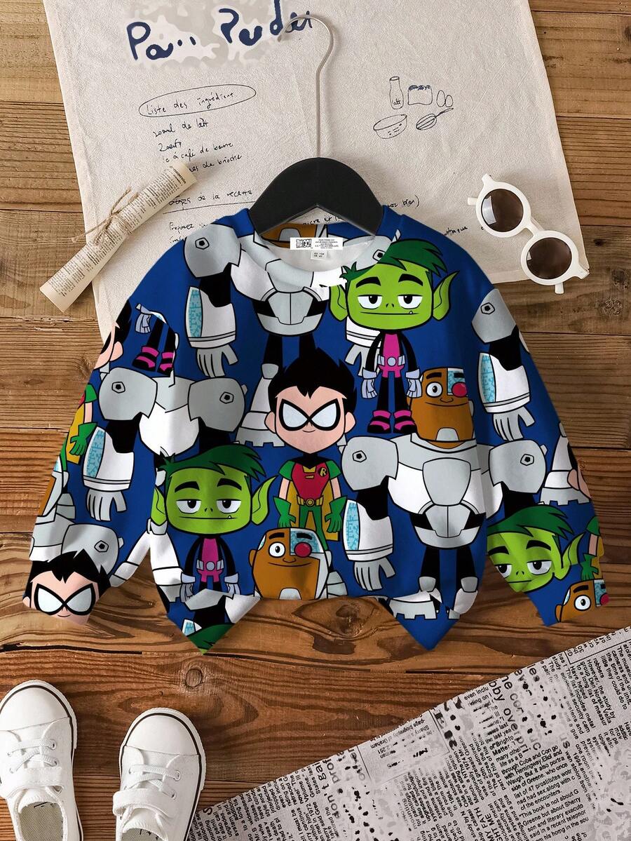 Teen Titans Go X SHEIN Áo nỉ dài tay cổ tròn họa tiết hoạt hình cho bé trai - trắng - Xem 1