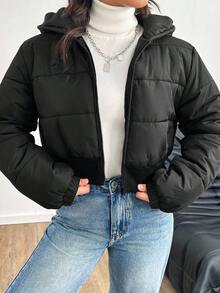 SHEIN 青少年女孩黑色短款连帽绗缝休闲街头时尚厚夹克夹棉外套，秋冬 - 黑色 - 查看 1