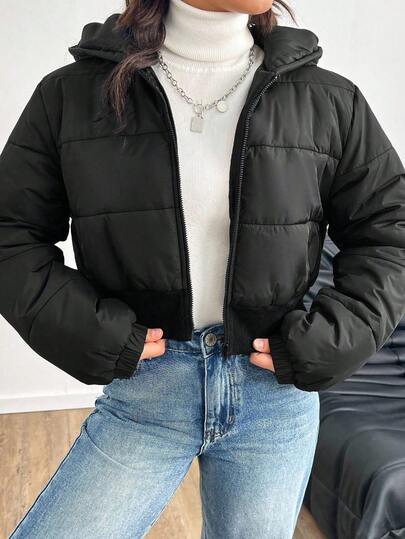 SHEIN Tween Girl Black Short Hooded Quilted Casual Street Fashion Thick Jacket Padded Coat Outerwear, Autumn/Winter Fall