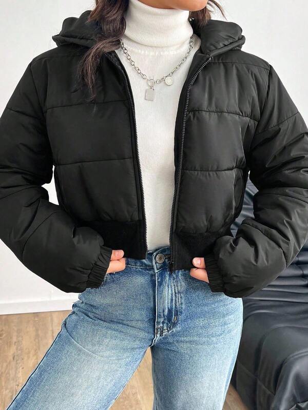 SHEIN Tween Girl Black Short Hooded Quilted Casual Street Fashion Thick Jacket Padded Coat Outerwear, Autumn/Winter Fall