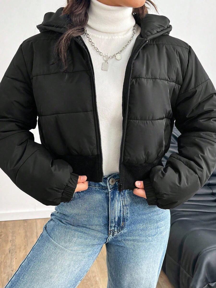 SHEIN 青少年女孩黑色短款连帽绗缝休闲街头时尚厚夹克夹棉外套,秋冬 - 黑色 - 查看 1