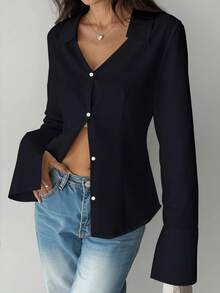 Elenzga Áo sơ mi tay loe màu trơn thường ngày cỡ lớn - Màu xanh hải quân - Xem 3