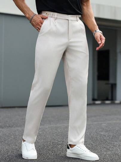 Calvornis 男士商务休闲纯色锥形正装裤，经典杏色，时尚百搭，彰显稳重端庄的商务气质。适合日常通勤、商务、派对和宴会。这款裤子是男士衣橱中不可或缺的百搭单品，也是送给男朋友或老公的绝佳礼物。男士百褶裤 男士正装裤 米色 男士奶油色 男士高腰裤