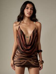 MISSGUIDED Đầm ngắn họa tiết hổ, cổ yếm, dây xích, cổ yếm, dáng ôm, dự tiệc, tiệc tối, midi, màu nâu, ôm sát, phong cách Y2K cổ điển - Nhiều màu - Xem 3