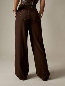 MISSGUIDED Wide Leg Dress Pants High Waisted Studded Detail Tailored Trousers Formal Office Professional Business Sophisticated Stud Accent Western Party Evening - Coffee Brown - View 2