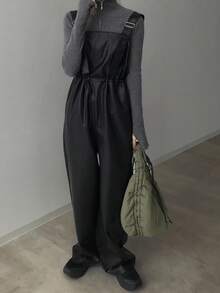 FRIFUL Women's Solid Black PU Strap Straight Waist Drawstring Loose Casual Jumpsuit, Versatile For Airport Travel, Autumn - Black - View 6