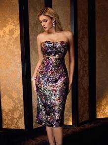 MOTF PREMIUM CONTRAST SEQUIN SLIM FIT TUBE MIDI DRESS - Multicolor - View 5