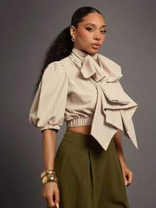 Vixey 夸张蝴蝶结泡泡袖拉链梭织上衣，商务休闲女装，办公室 - 杏色 - 查看 4