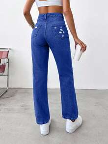 EURMUSE 100%Cotton Ripped Straight Leg Jeans - Dark Wash - View 2