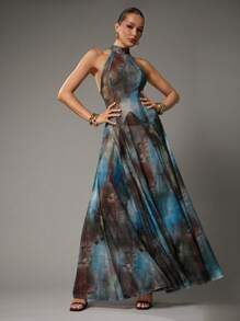 Hauture Women's Sexy Abstract Print Halter Summer Vacation Beach Elegant Maxi Dress - Multicolor - View 4