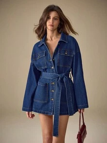 Selenza Women's Long Sleeve Single-Breasted Cargo Pocket Casual Denim Jacket - Blue - View 4