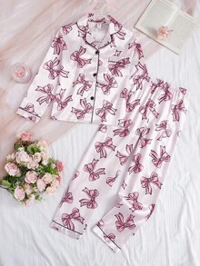SHEIN 情人节女孩红白心形印花舒适两件套家居服套装 - 粉色 - 查看 4