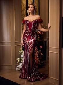 MOTF Soiréza ĐẦM DẠ HỘI XÉ ĐÙI SEQUIN TƯƠNG PHẢN - Màu Đỏ Sâu - Xem 2