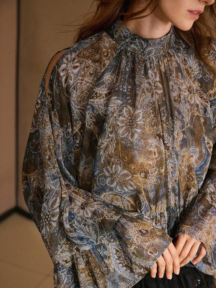 WOMEN'S CHIFFON FABRIC FLORAL PRINT ASYMMETRICAL RUFFLED COLLAR BLOUSE