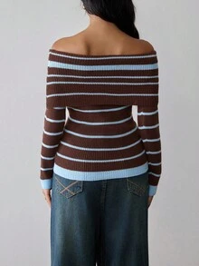 Islaluna Women's Elegant Fashion Simple Versatile Turtleneck Sweater, Fitted Ribbed Colorblock Design, Autumn Striped Off The Shoulder Sweater Off The Shoulder Brown Sweater Brown And Blue Striped Top Off Shoulder Sweater Women Brown Striped Top Fall Winter Cloth For Women