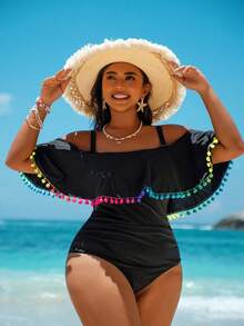 Swim Vcay Bộ đồ liền thân cỡ lớn tua rua nhiều màu sắc thời trang tối giản thường ngày, thích hợp mặc hàng ngày vào mùa hè - màu đen - Xem 1