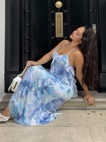NegzBox Women's Floral Print Ruffled V-Neck Bodycon Long Dress, Romantic For Vacation And Date, Spring/Summer,Bohemian Clothes,Bodycon Dress - Blue - View 3