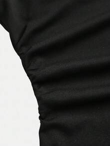 SHEIN Vestido negro de manga larga con pliegues en la cintura, unicolor, versátil y minimalista para adolescentes - Negro - Ver 4