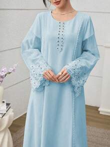 Yasmyna 优雅奢华的拼布设计宽松时尚年轻女士连衣裙 - 藍色 - 查看 3