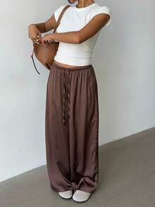 Aloruh 女式低腰休闲复古缎面百搭棕色麻灰色秋季女裤女式秋季波西米亚风裤缎面裤真丝裤棕色缎面裤阔腿缎面裤女式缎面裤万圣节秋冬女装秋季女装万圣节服装秋季服装万圣节女装秋季服装女士秋季服装 Y - 棕色 - 查看 7