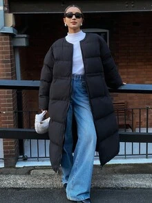 Livesso 女款拉鍊圓領中長版厚填充保暖外套，秋冬度假穿搭 - 黑色 - 查看 2