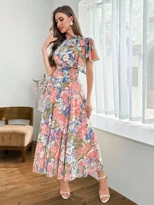 Modelyn 女式荷叶边领口系带喇叭下摆泡泡袖连衣裙 - 彩色 - 查看 6