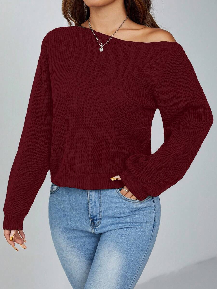 SHEIN PETITE 斜肩坑条纹套头衫女式毛衣 - 酒紅色 - 查看 1