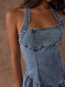 SHEIN BAE 女士时尚露背挂脖牛仔连衣裙，夏季 - 淺色水洗藍 - 查看 3