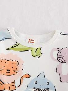 Cozy Pixies 2pcs Young Boy Cartoon Shark & Dinosaur Print Soft Knit Crew Neck Long Sleeve Top And Elastic Waist Pants Snug Fit Pajama Set, Suitable For Autumn/Winter Childrens Animal Print Pajamas Kids Bamboo Pajamas Kids Dinosaur Clothes Cartoon Pajamas - Multicolor - View 5