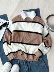 SHEIN Girls Colourblock Drop Shoulder Jumper - Multicolor - View 1