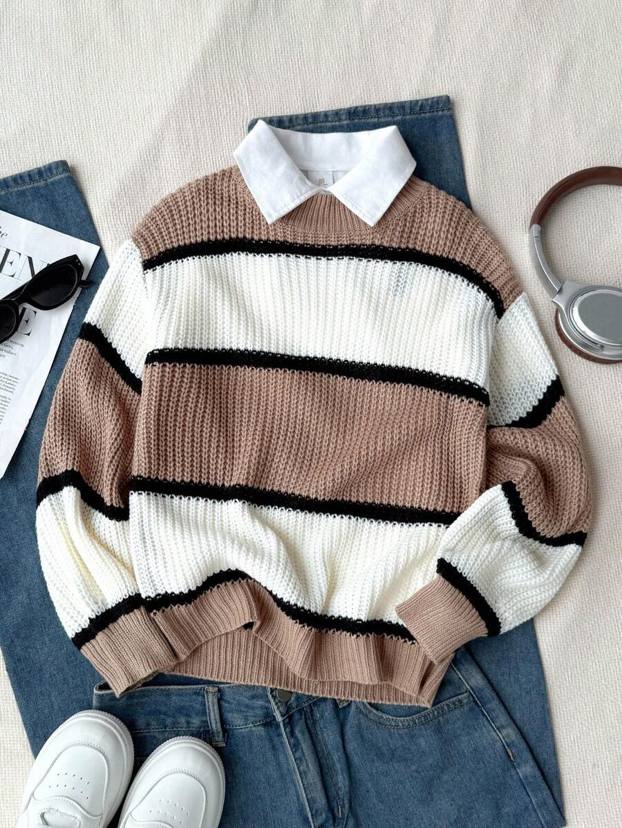 SHEIN Girls Colourblock Drop Shoulder Jumper - Multicolor - View 1