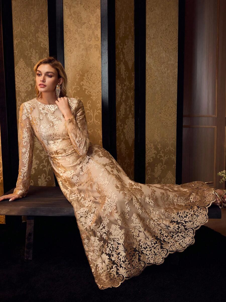 MOTF PREMIUM EMBROIDERY BELTED DRESS - Gold - View 2