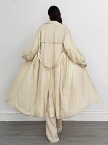 SHEIN Tall Áo khoác trench coat hai hàng khuy trơn màu dành cho nữ năm 2025, phong cách thường ngày, rộng rãi và thoải mái, phong cách unisex cho mùa thu/đông - Màu Khaki - Xem 2