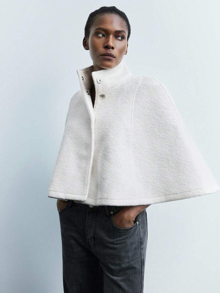 Maija 女式休闲简约前扣立领夹克，秋季 - 白色 - 查看 1