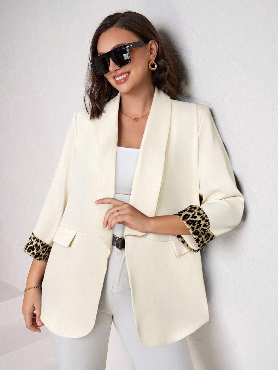 Chikora Plus Size Women's Blazer Jacket With Leopard Print Contrast Cuffs, Elegant For Daily, Business And Commuting Wear In Fall/Winter - Beige - View 1
