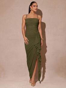 xheSilquee Elegante vestido verde salvia con volantes románticos, abertura alta y vestido de fiesta ajustado con encaje, adecuado para el Día de San Valentín, citas, bodas, bailes de graduaciónxhe - Verde militar - Ver 5
