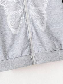 少女粉色蝴蝶印花拉链卫衣，秋冬季款 - 灰色 - 查看 3