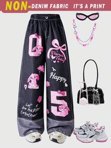 SHEIN Explorewe Pantalon large à imprimé slogan de dessin animé en couleur contrastée pour préadolescentes - Noir - Voir 4
