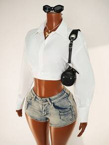 Mistrie Casual Solid Color Cropped Shirt, Spring & Autumn,Long Sleeve Tops Fall Cloth For Women - White - View 5
