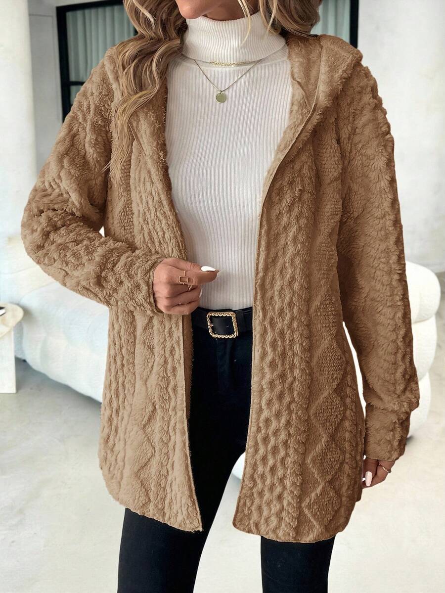 SHEIN Clasi 女士休闲拉链连帽纹理羊毛夹克 - 棕色 - 查看 1