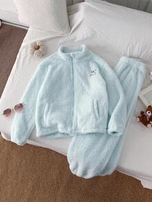 Genkimix Kids 2 件套年轻女孩蓬松刺绣蝴蝶结保暖立领长袖夹克和卷边裤，适合冬季、外出、街头、学校、日常休闲装 - 淺藍色 - 查看 1