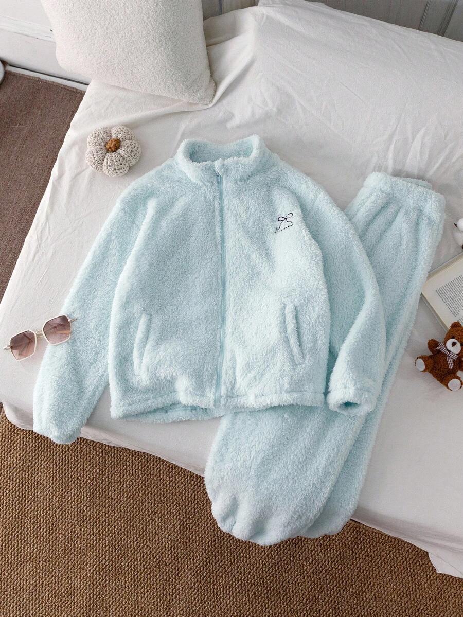 Genkimix Kids 2 件套年轻女孩蓬松刺绣蝴蝶结保暖立领长袖夹克和卷边裤，适合冬季、外出、街头、学校、日常休闲装 - 淺藍色 - 查看 1