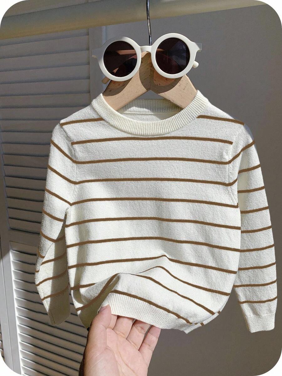 SHEIN Cute Casual Versatile Black & White Striped Long Sleeve Crew Neck Sweater For Baby Boys, Kid Knitwear, Suitable For Kindergarten, Autumn/Winter - Multicolor - View 1