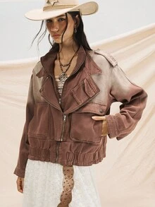Easelle Women's Vintage Gradient Brown Denim Jacket,All Shades Of Brown,Autumn,Streetwear,Everyday Western Style Zipper Front Loose Drop Shoulder Outerwear - Brown - View 10