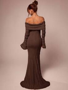 SHEIN BAE 茶歇装 甜美优雅长裙 露肩长袖连衣裙 约会装 3D花裙 - 咖啡棕 - 查看 2