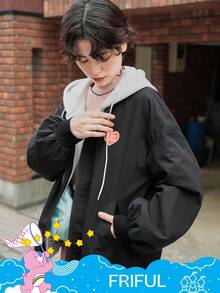 FRIFUL SHEIN X Care Bears 女士休闲时尚街头卡通熊印花落肩宽松夹克 - 黑色 - 查看 8