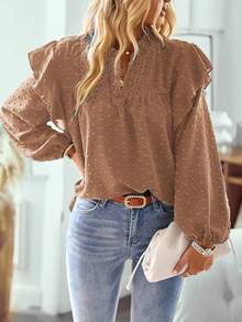 EMERY ROSE Women's Casual Vacation Style Simple Solid Color Keyhole Neck Lantern Sleeve Ruffle Trim Swiss Dot Loose Blouse, Spring/Autumn Fall Cloth For Women Swiss Dot Blouse Long Sleeve Blouse Puff Sleeve Blouse Brown Blouse Ruffle Blouse - Camel - View 3