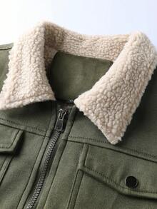 Manfinity Homme 男士保暖内衬仿麂皮长袖夹克，羊羔绒领，秋冬男士外套，休闲男士夹克 - 軍綠色 - 查看 4